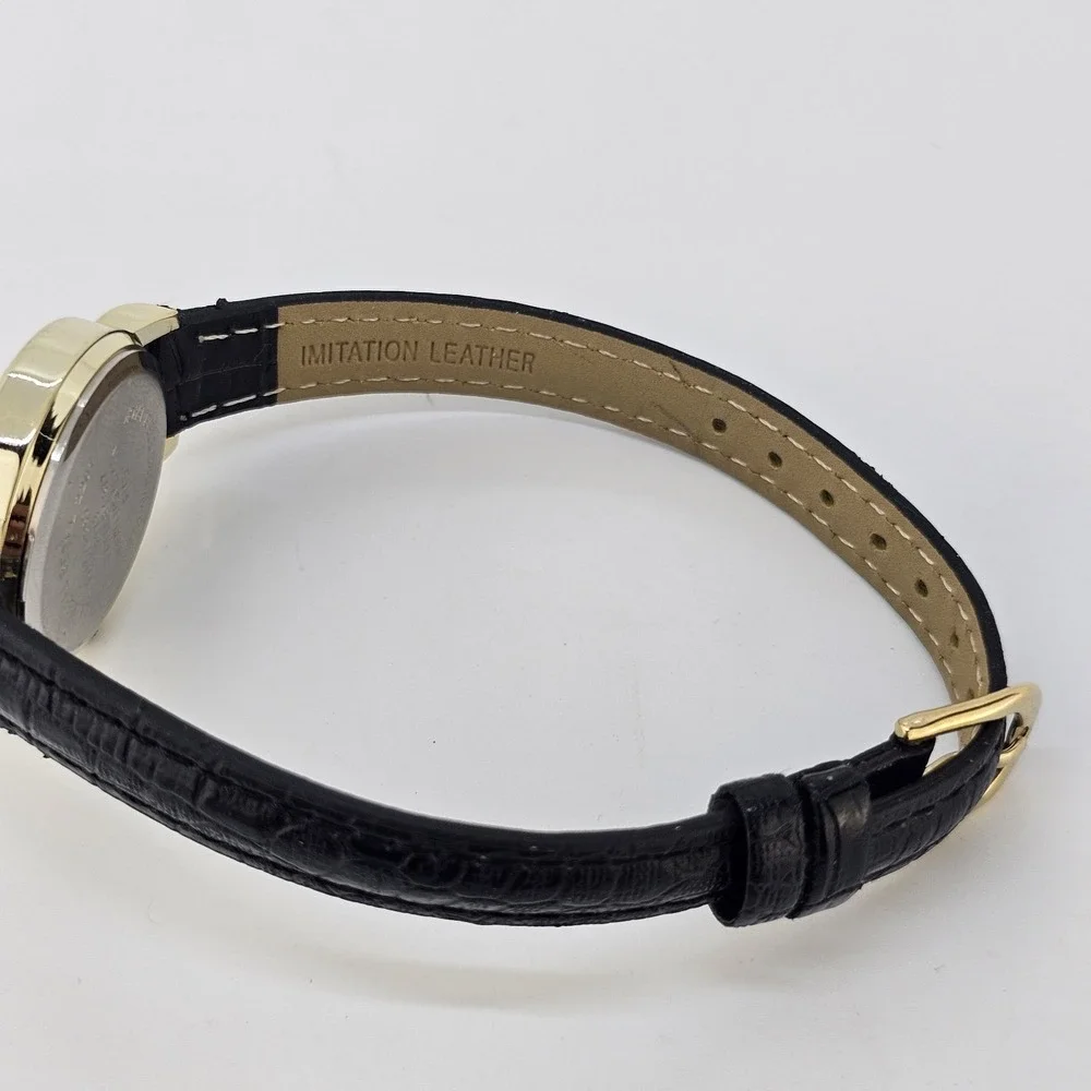 Women's Watch 28MM Cream Dial Black Faux Leather Bands NEW Battery